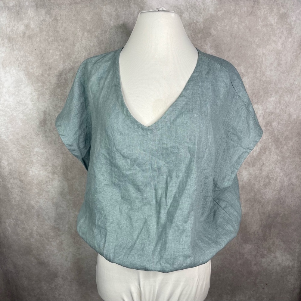 Linen Cloud Boxy V-Neck Cinched Waist Blouse In Blue Women's Size M